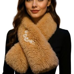 B020  Luxury Pearl Embellished Faux Fur Scarf  Neck Warmer Chic Soft Plush stole